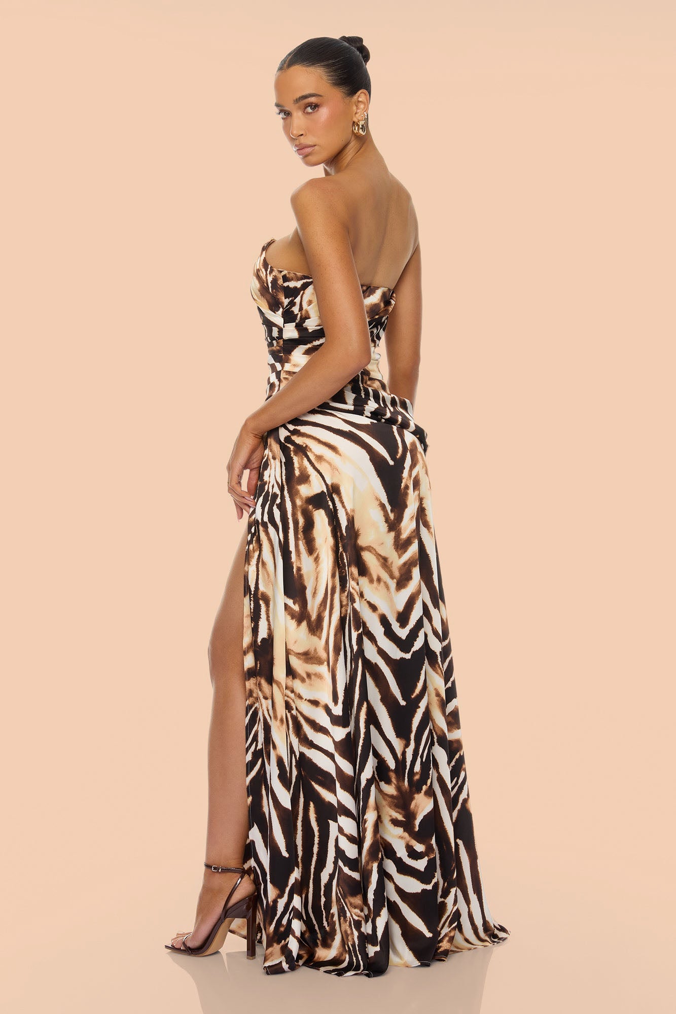 Freya Pleated Satin Maxi Dress - Brown/combo