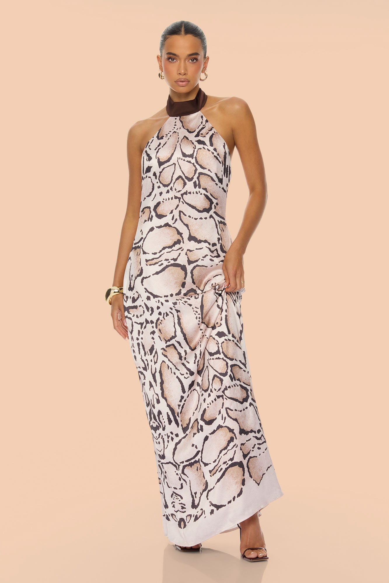 Raelynn Satin Halter Maxi Dress - Brown/combo