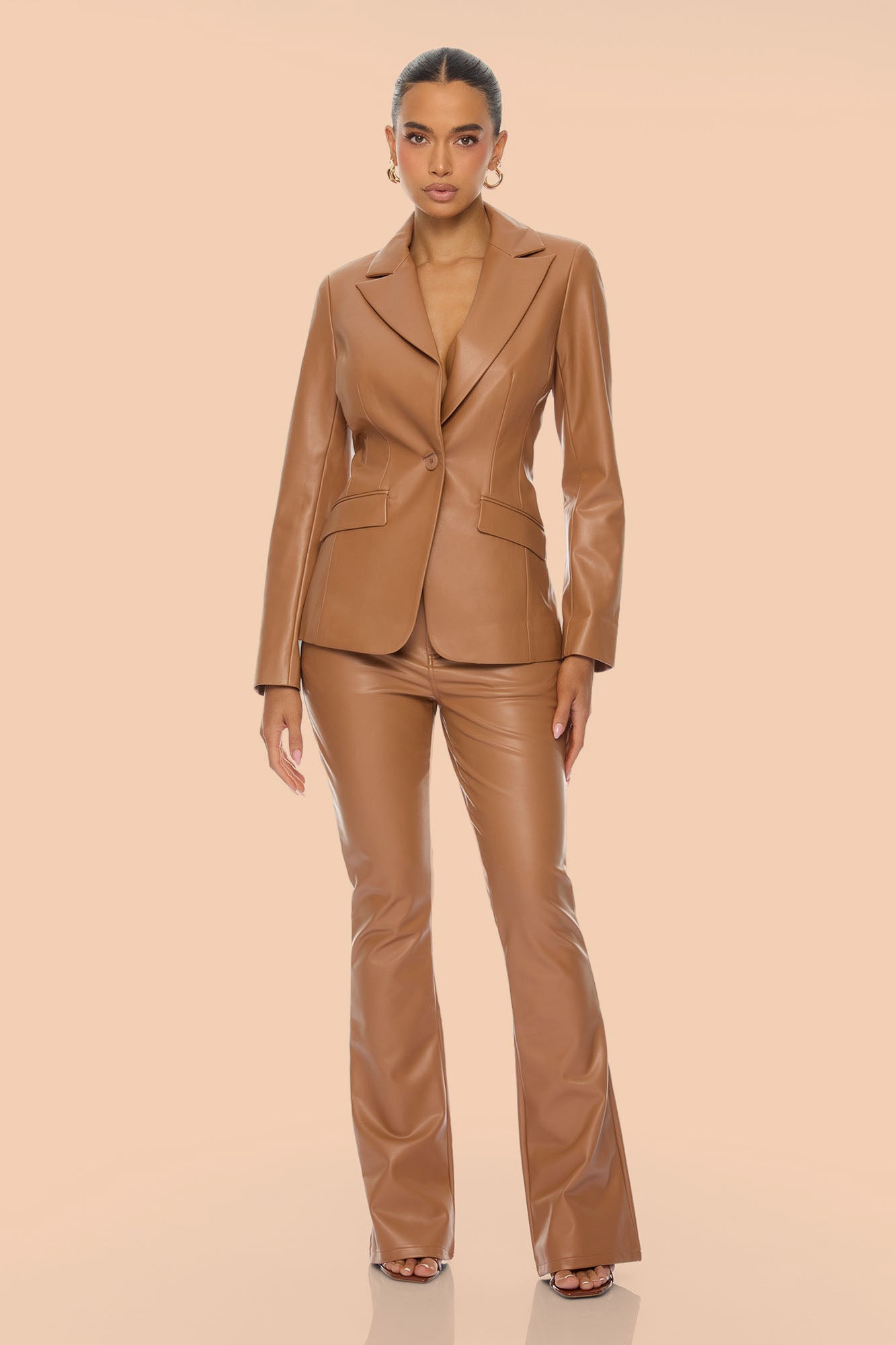 Everly Faux Leather Blazer Pant Set - Camel