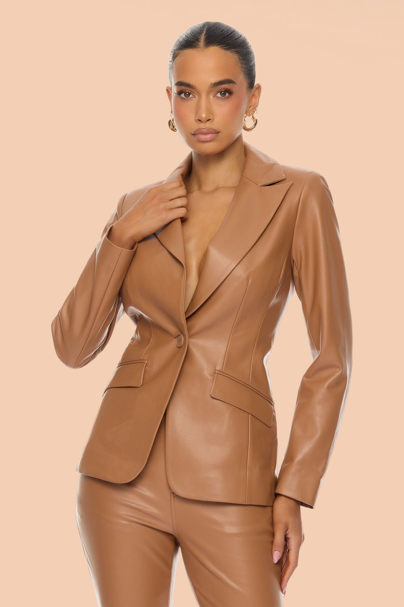 Everly Faux Leather Blazer Pant Set - Camel