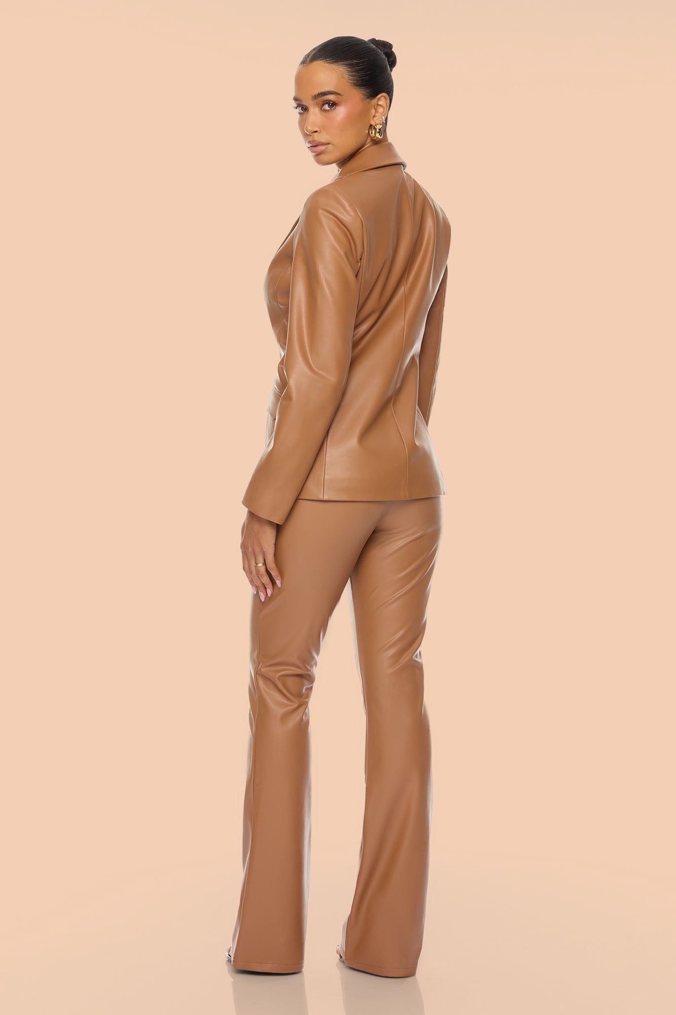 Everly Faux Leather Blazer Pant Set - Camel