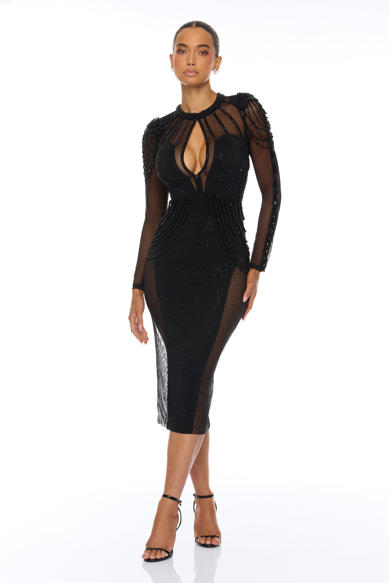 Elara Embellished Midi Dress - Black