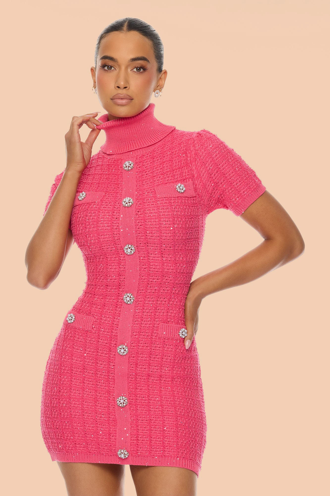 As If Embellished Tweed Mini Dress - Hot Pink