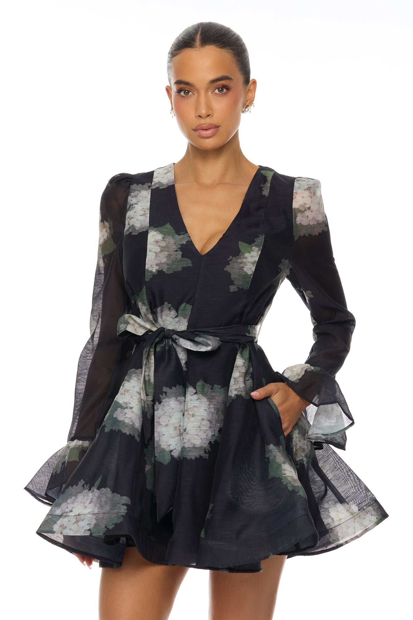 Colette Ruffle Sleeve Organza Mini Dress - Black/combo