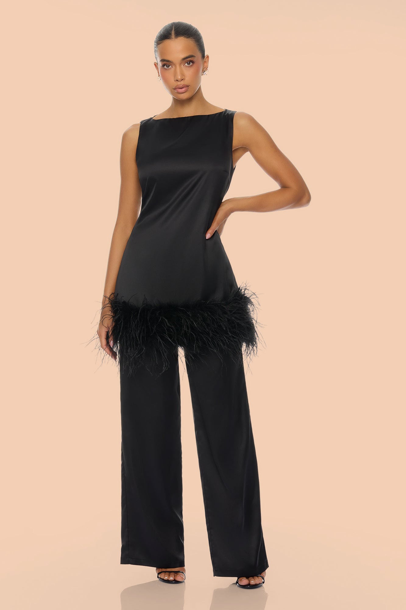 Chic Obsession Feathered Satin Pant Set - Black