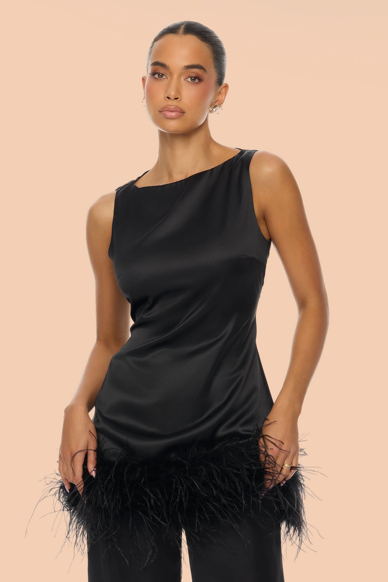 Chic Obsession Feathered Satin Pant Set - Black