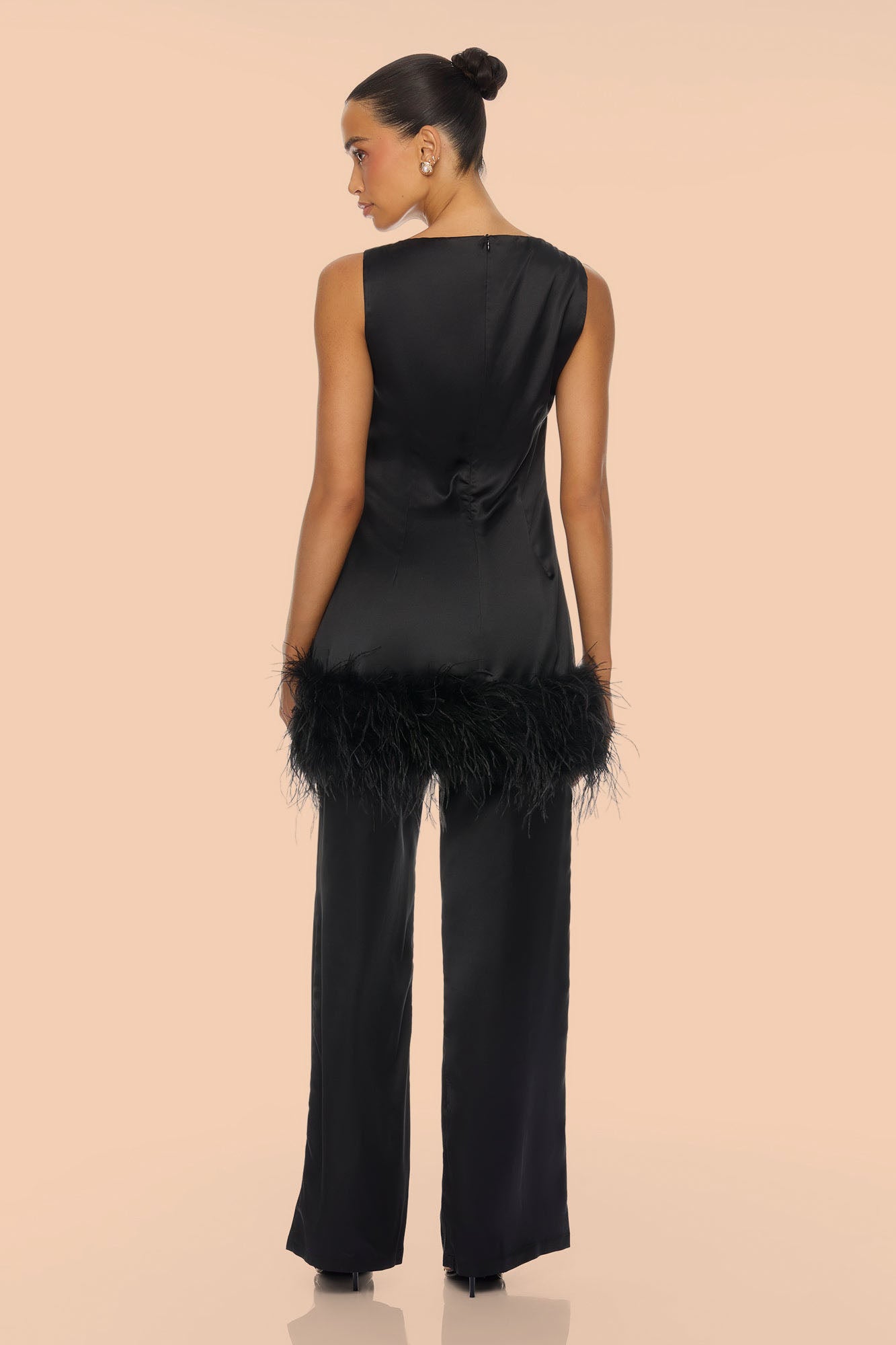 Chic Obsession Feathered Satin Pant Set - Black