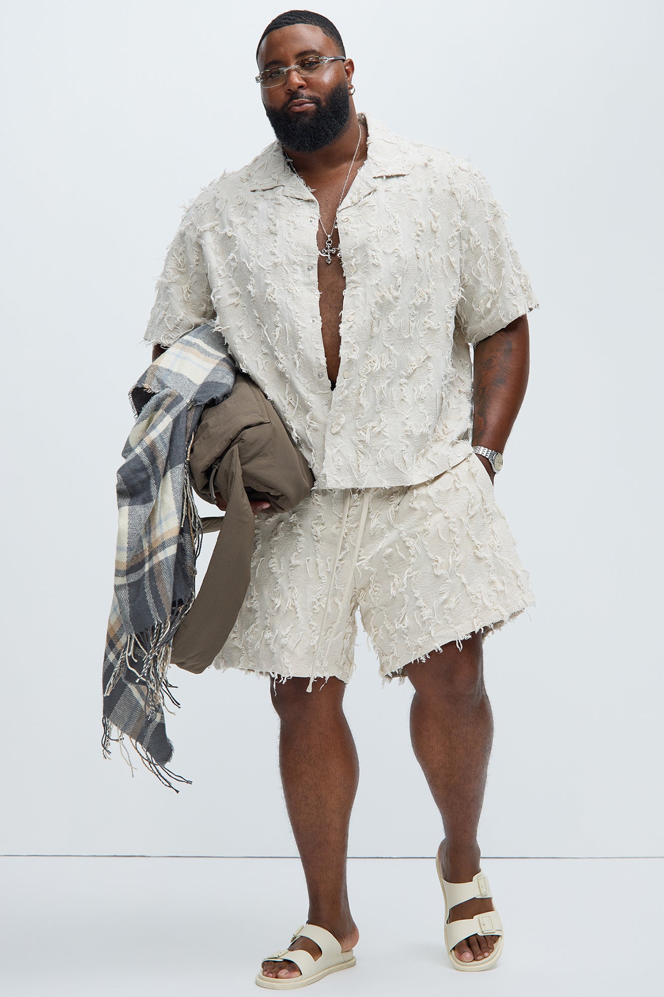 Frayed Jacquard Linen Shorts - Off White