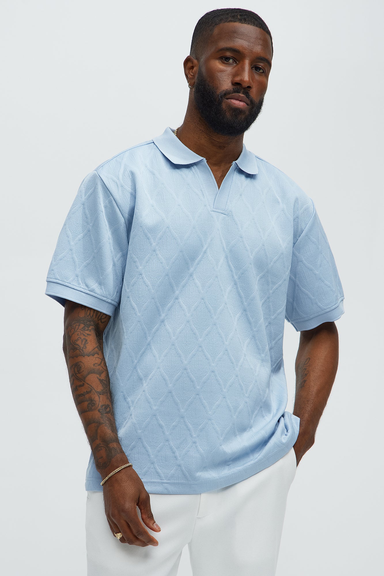 Diamond Textured Johnny Collar Polo - Dusty Blue