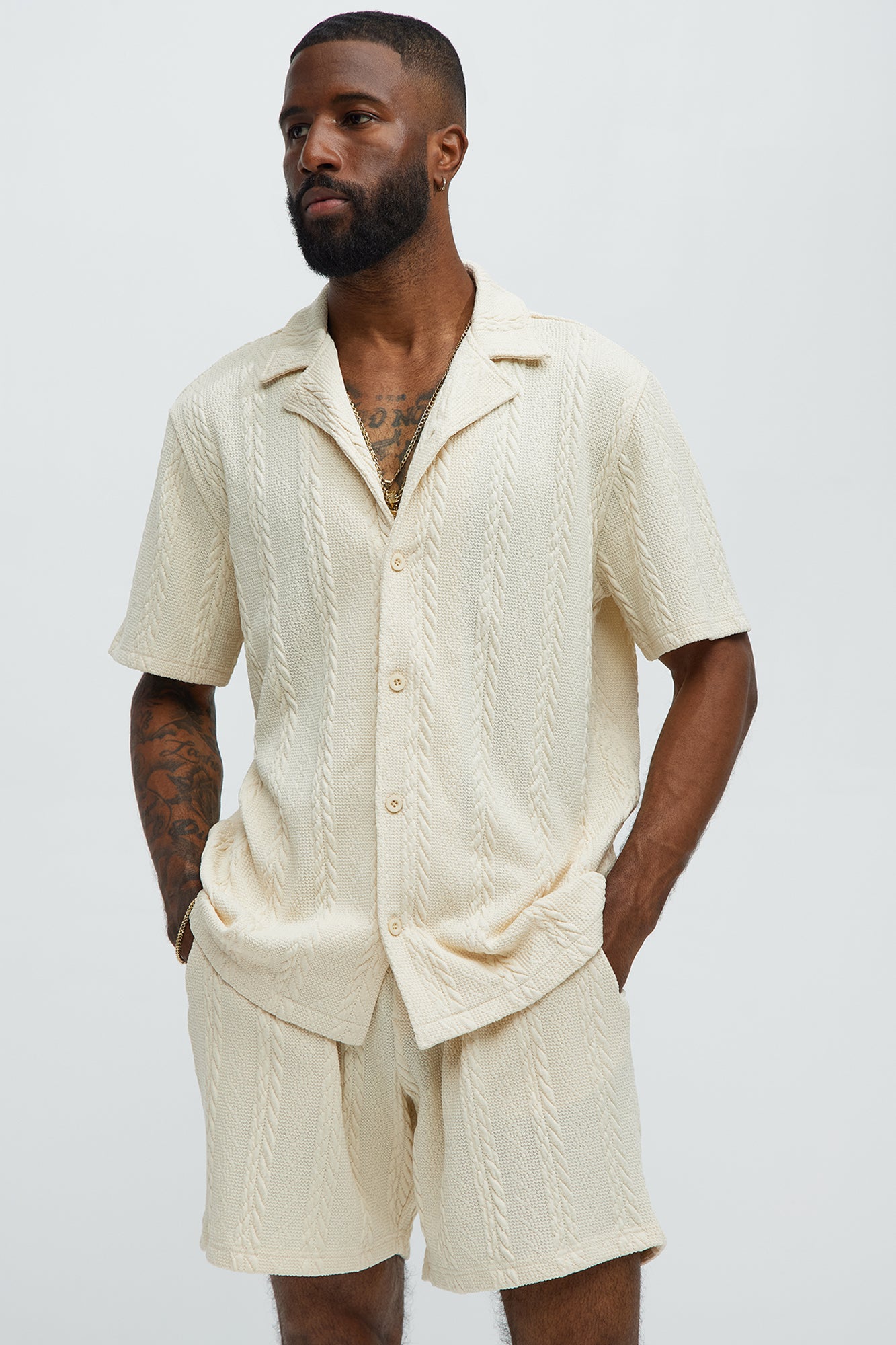 Textured Stripes Cuban Short Sleeve Button Up Shirt - Cream