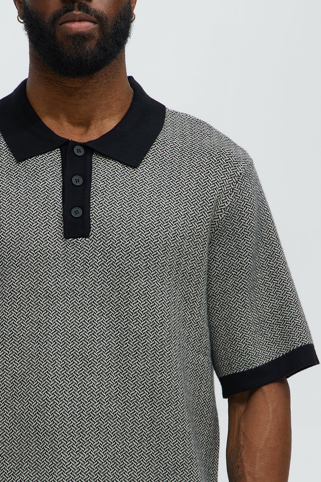 Harry Herringbone Button Down Sweater Polo - Black/combo
