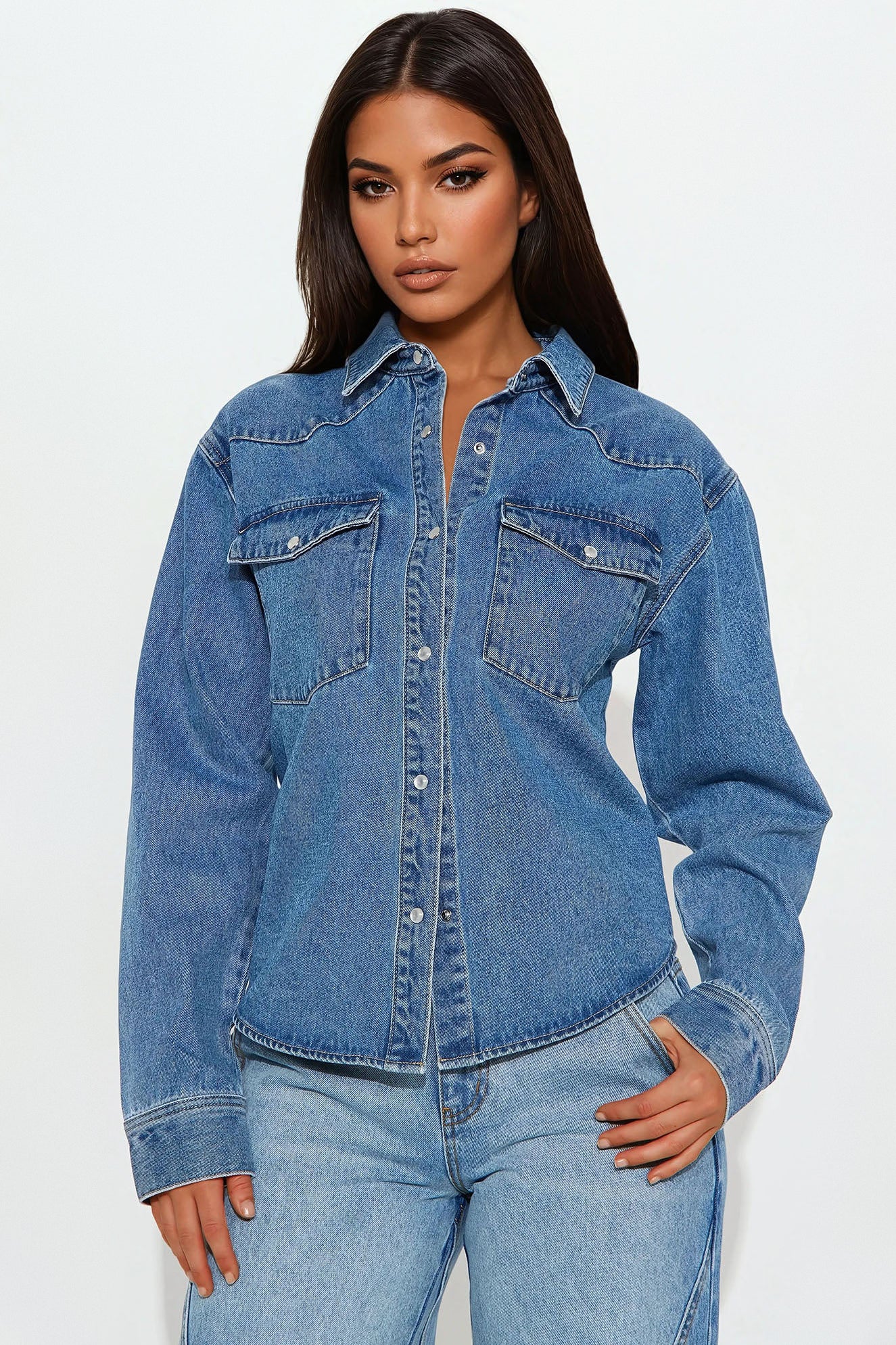 Fierce Competition Washed Denim Oversized Button Up Shirt - Medium Wash