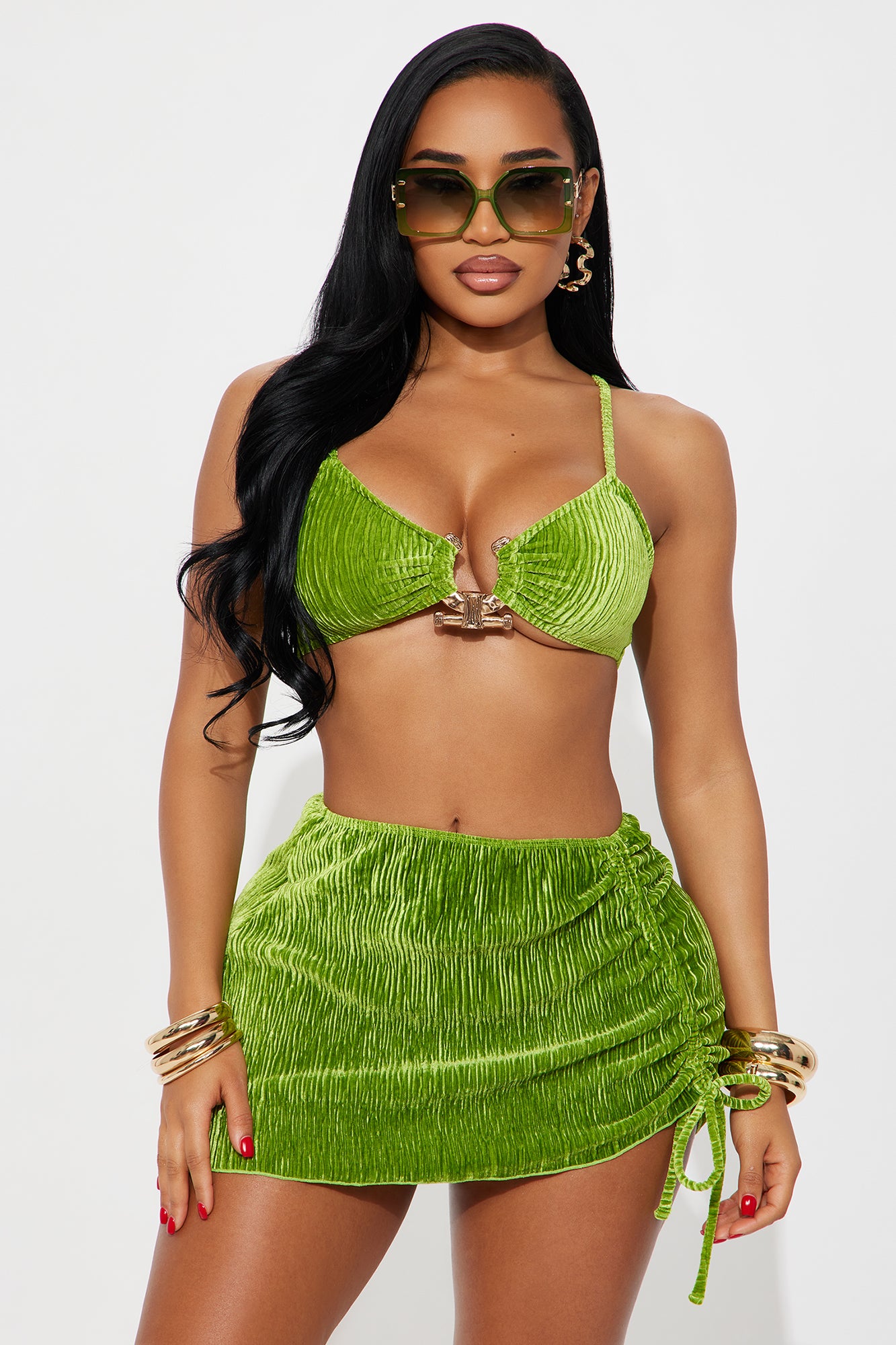 Farrah Hardware Velvet 3 Piece Bikini Ruched Skirt Set - Green