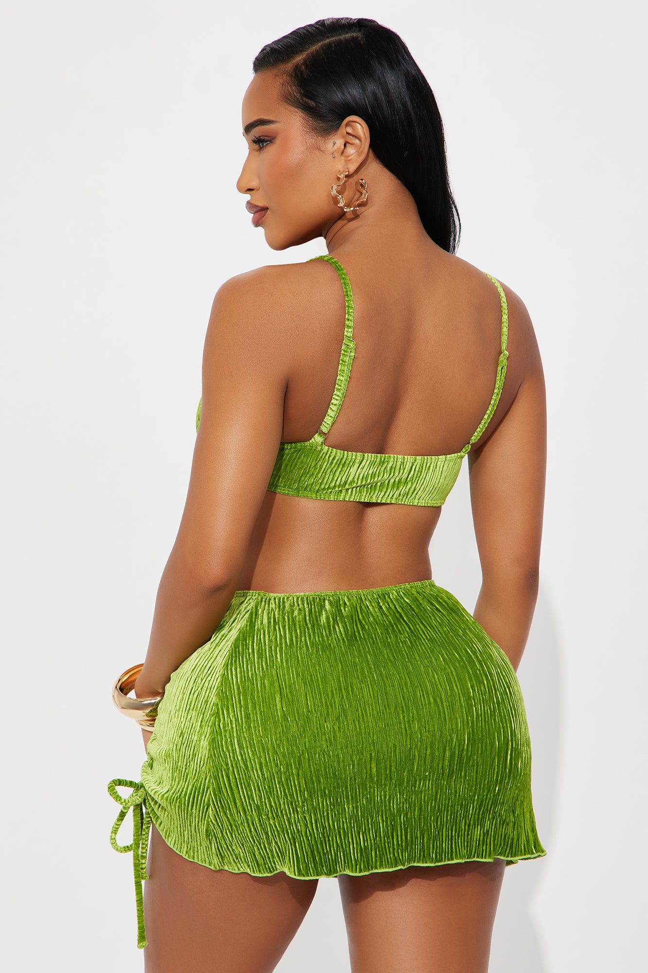 Farrah Hardware Velvet 3 Piece Bikini Ruched Skirt Set - Green