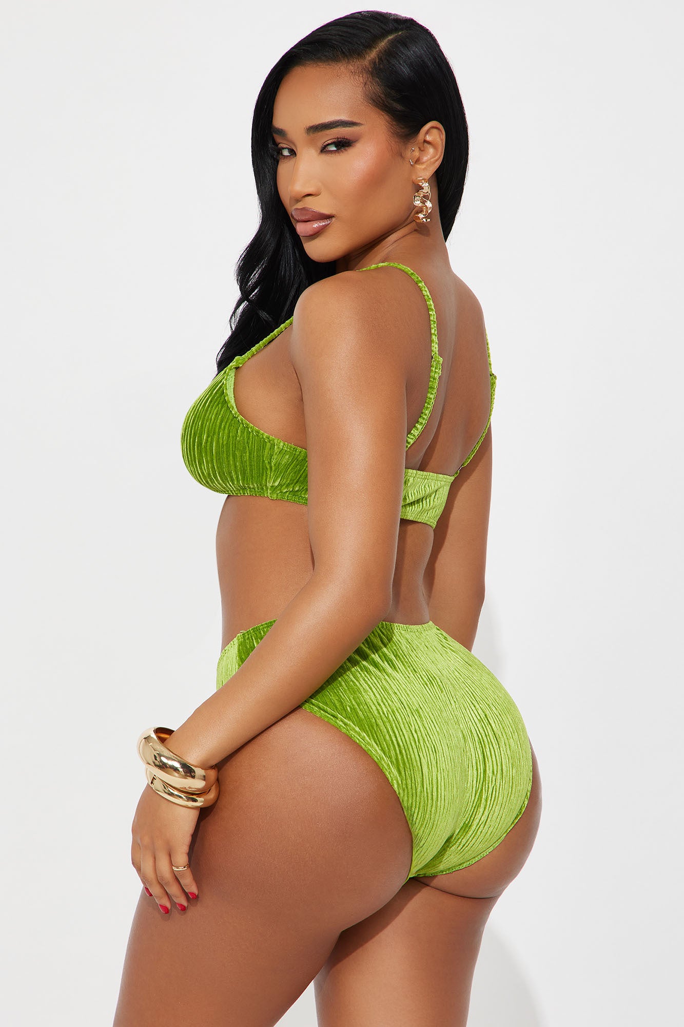 Farrah Hardware Velvet 3 Piece Bikini Ruched Skirt Set - Green