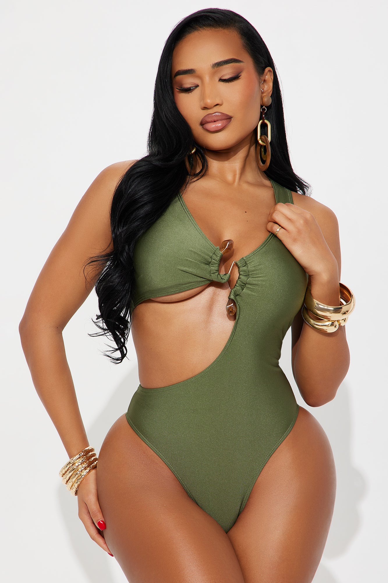 Malia Stone Hardware Cutout 1 Piece Swimsuit - Olive