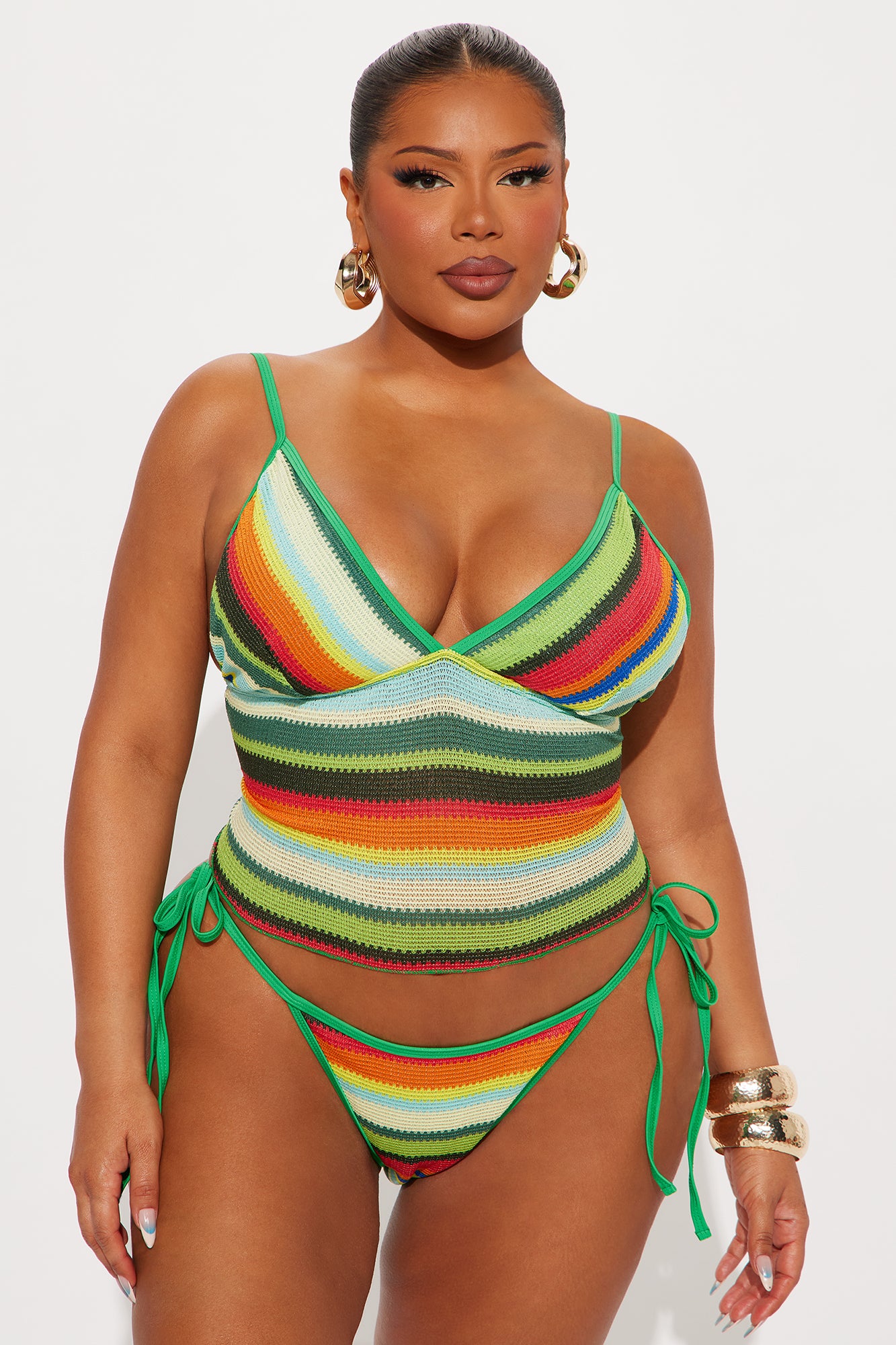 Samira Textured Stripe Tankini 2 Piece Bikini - Green/combo