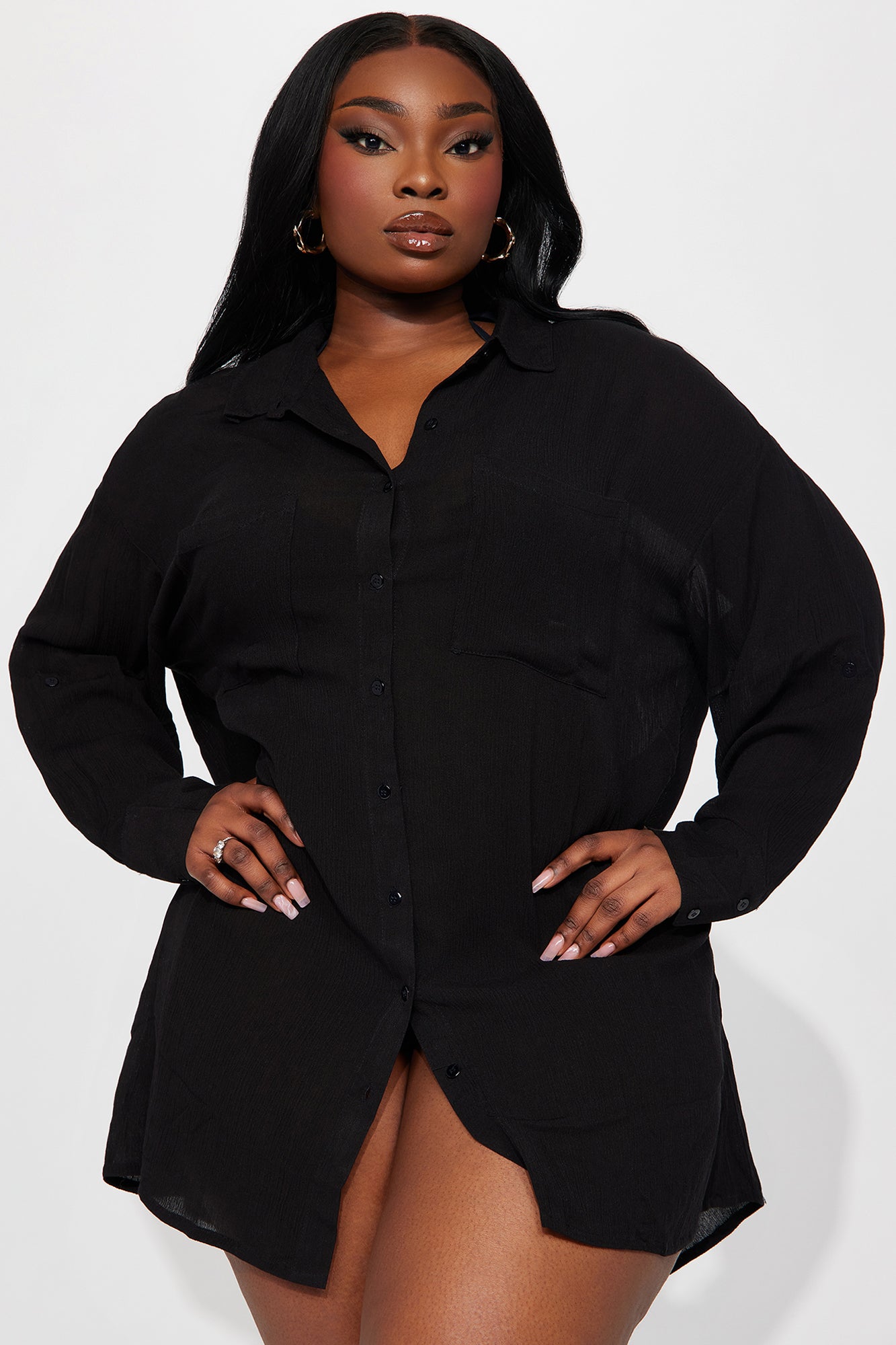 Breezy Nights Linen Pocket Cover Up Shirt - Black