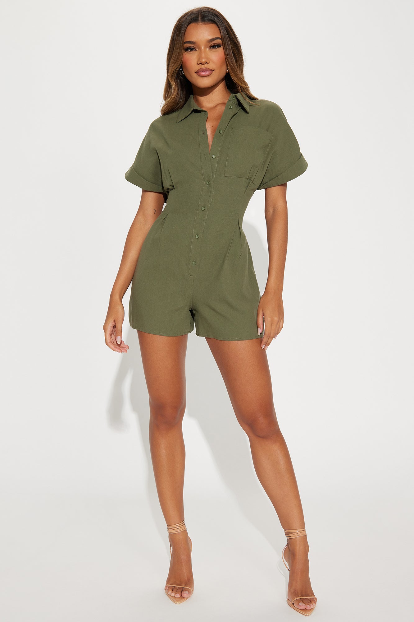Press The Facts Romper - Olive