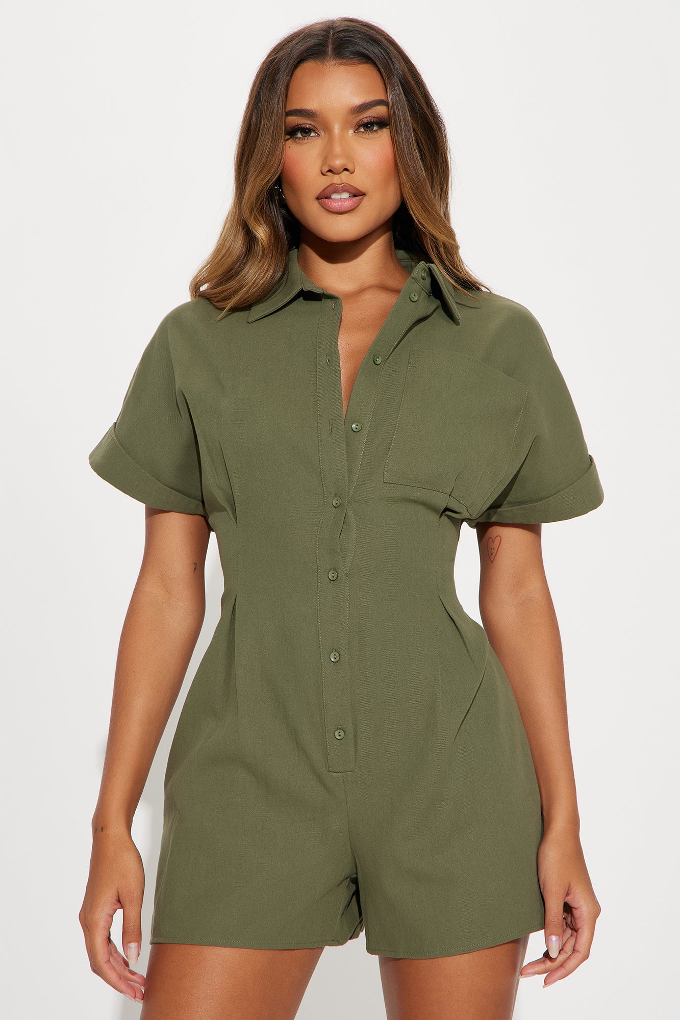 Press The Facts Romper - Olive