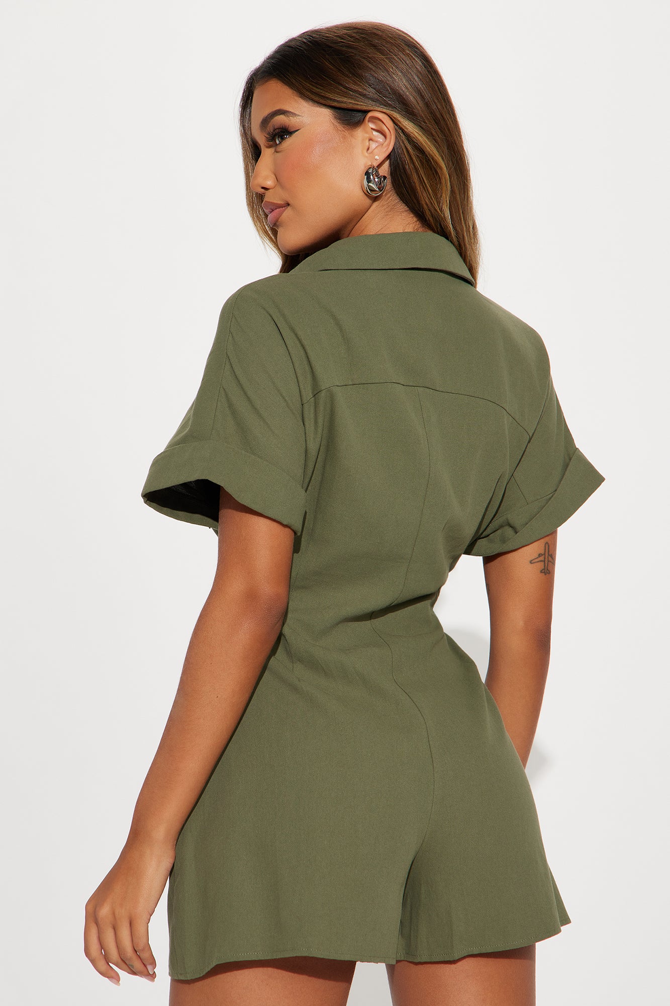 Press The Facts Romper - Olive