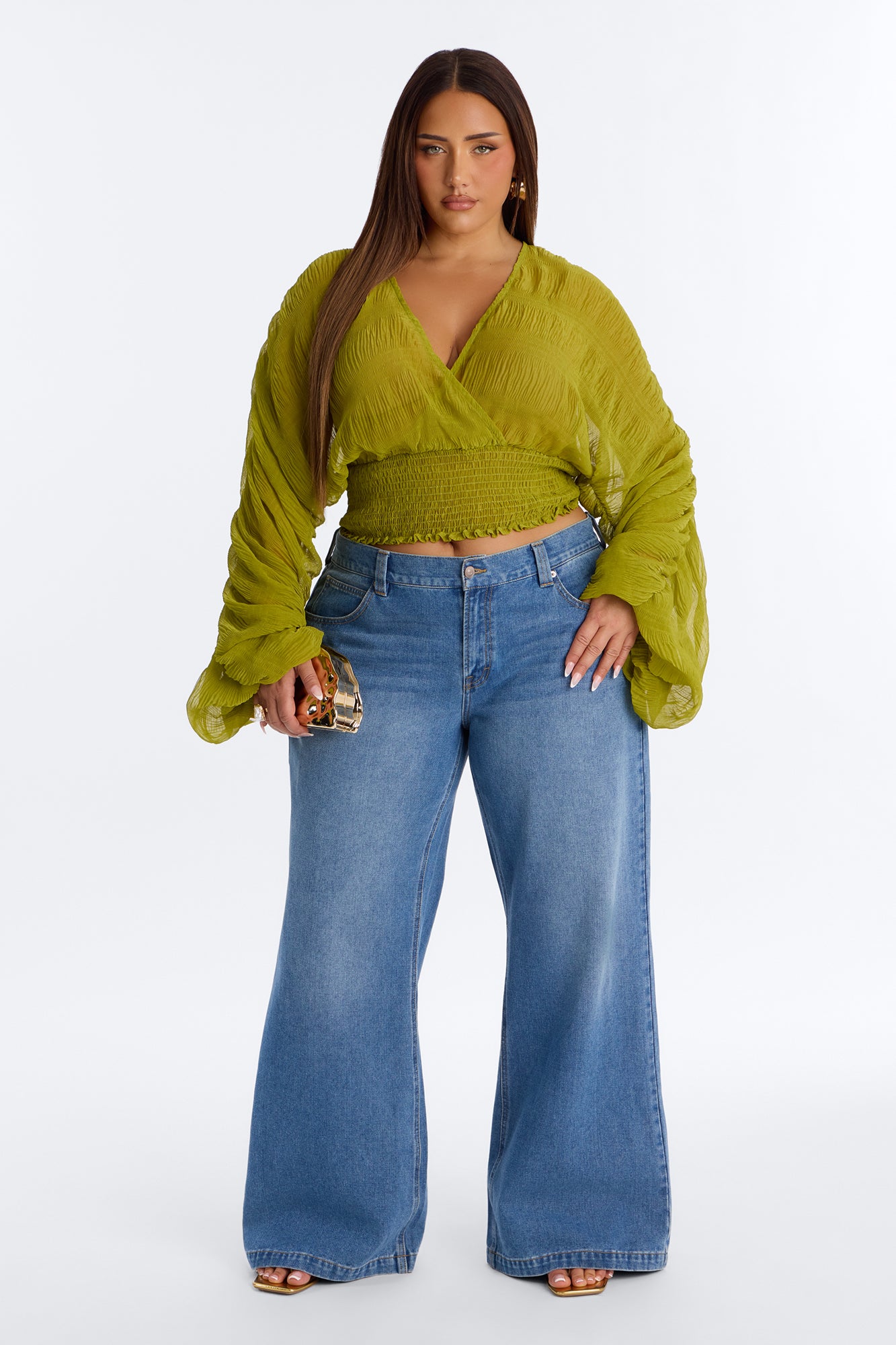 Keep Dreaming Surplice Gauze Long Sleeve Blouse - Chartreuse