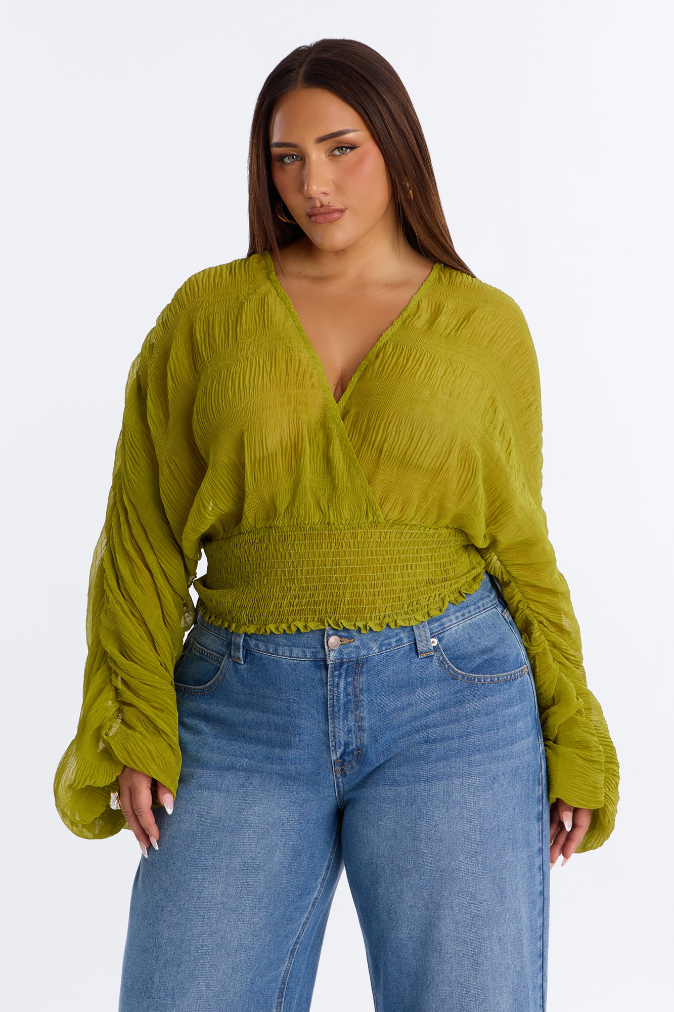 Keep Dreaming Surplice Gauze Long Sleeve Blouse - Chartreuse