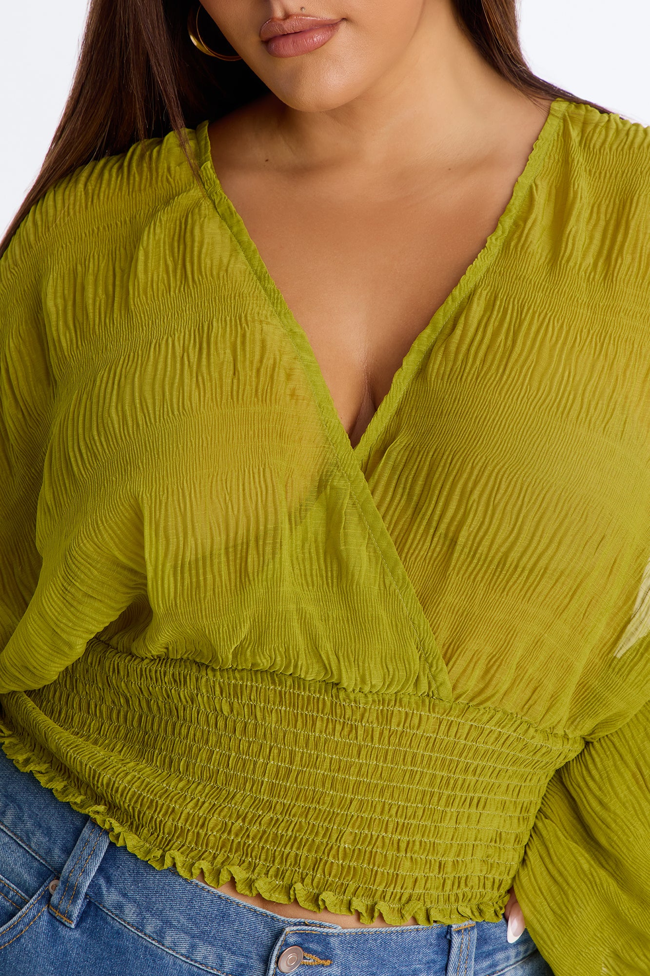 Keep Dreaming Surplice Gauze Long Sleeve Blouse - Chartreuse
