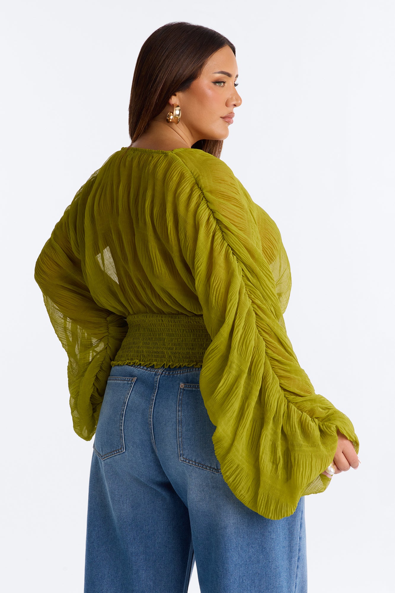 Keep Dreaming Surplice Gauze Long Sleeve Blouse - Chartreuse