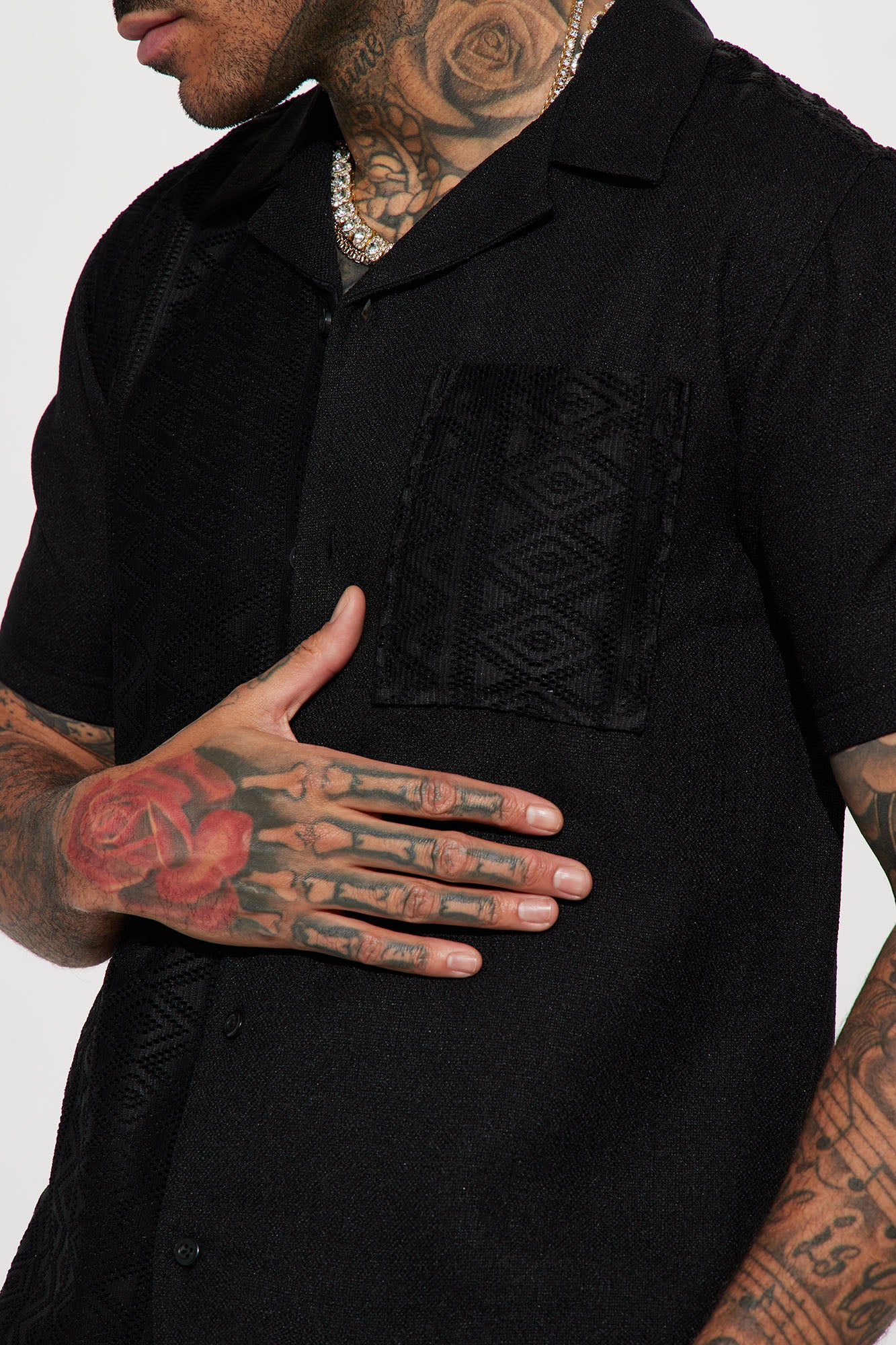 Half Crochet Pattern Short Sleeve Button Up Shirt - Black