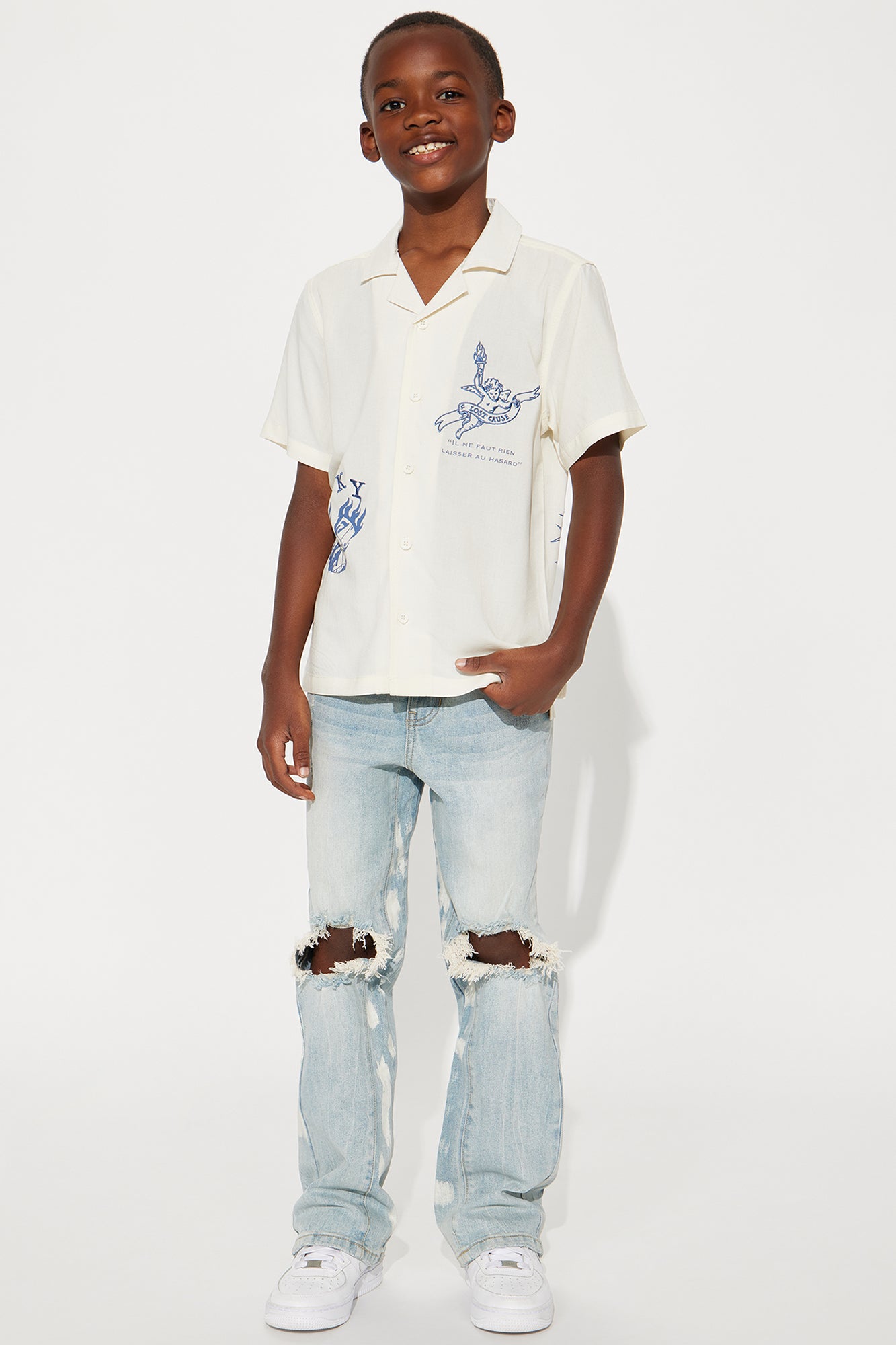 Mini Apex Splotter Ripped Stacked Skinny Flare Jeans - Light Blue Wash