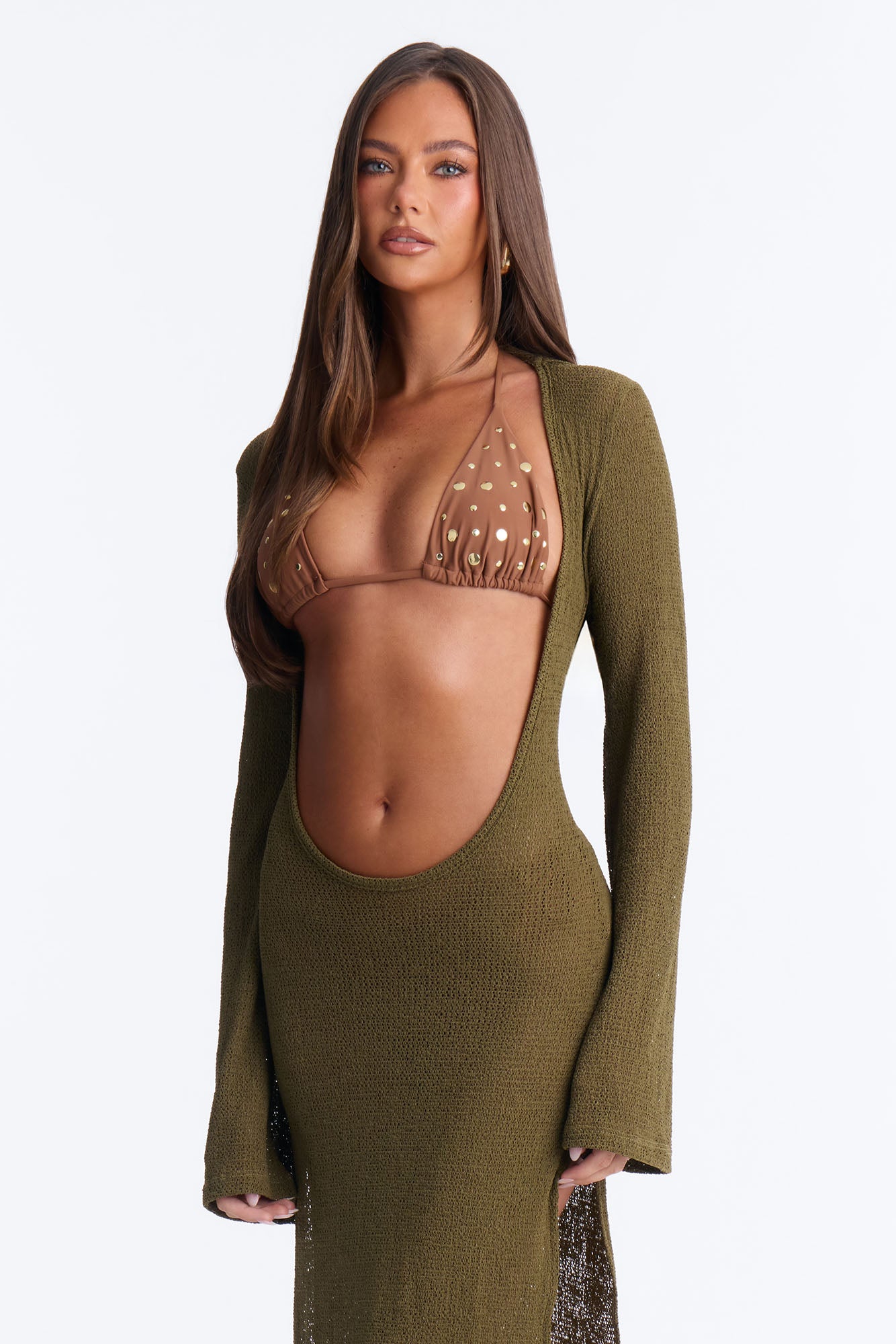 Ocean Breeze Knit Long Sleeve Cover Up Maxi Dress - Olive