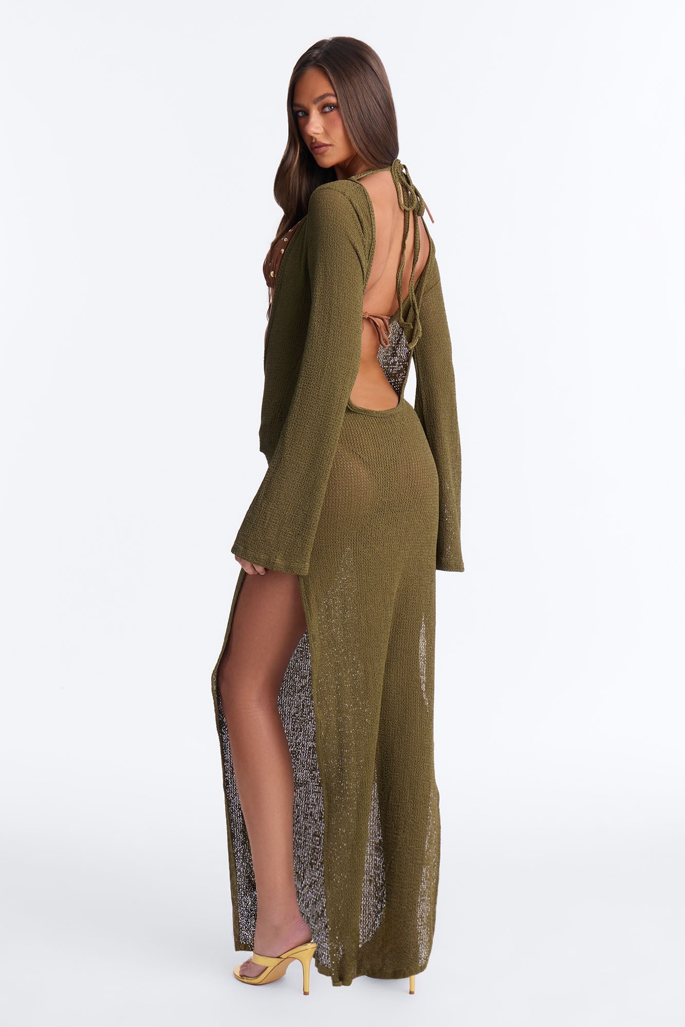 Ocean Breeze Knit Long Sleeve Cover Up Maxi Dress - Olive