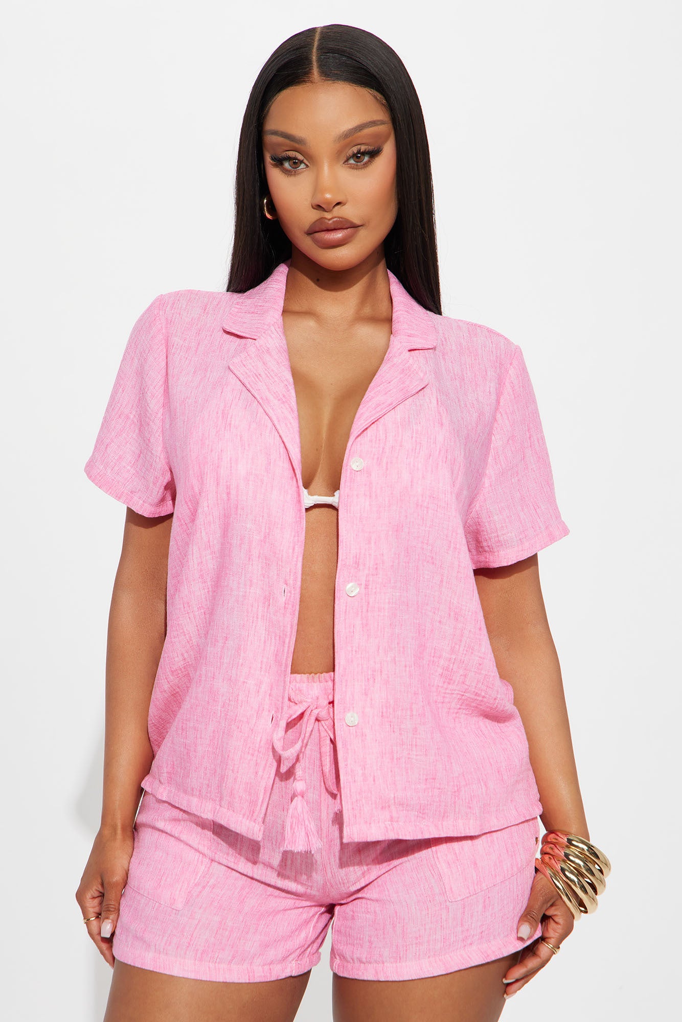 Keep It Simple Gauze Cover Up Shorts Set - Pink