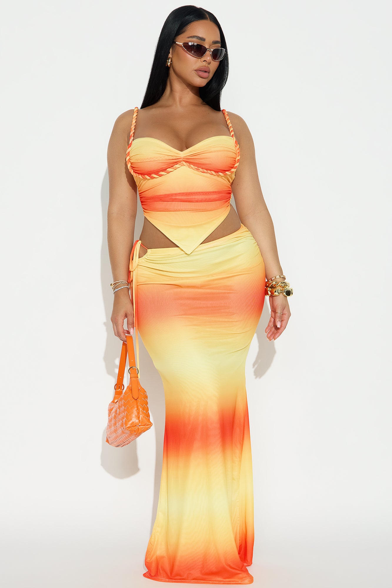 Serena Mesh Maxi Skirt Set - Yellow/combo