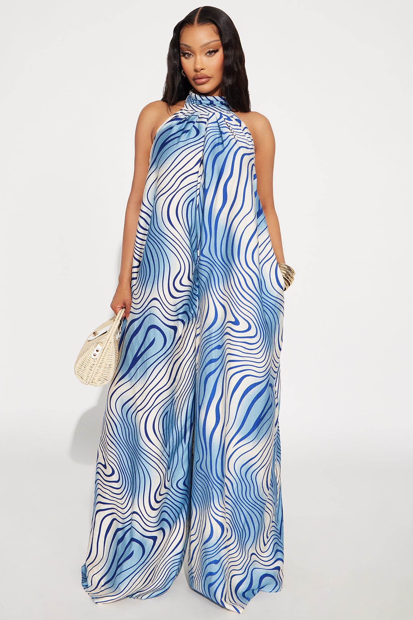 In A Daze Linen Halter Jumpsuit - Blue/combo