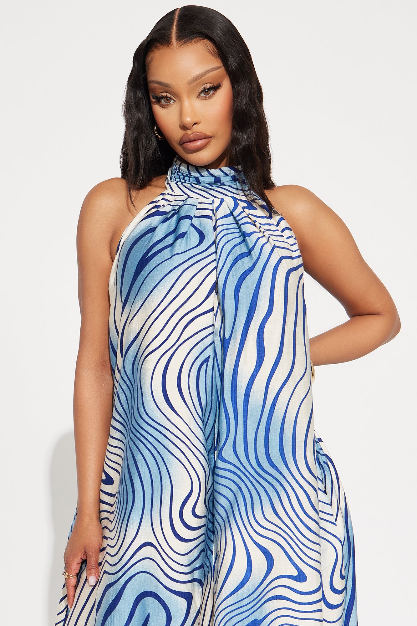 In A Daze Linen Halter Jumpsuit - Blue/combo