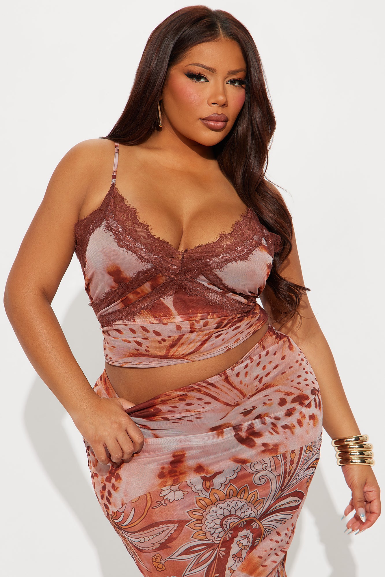 Lena Floral Mesh Maxi Skirt Set - Rust