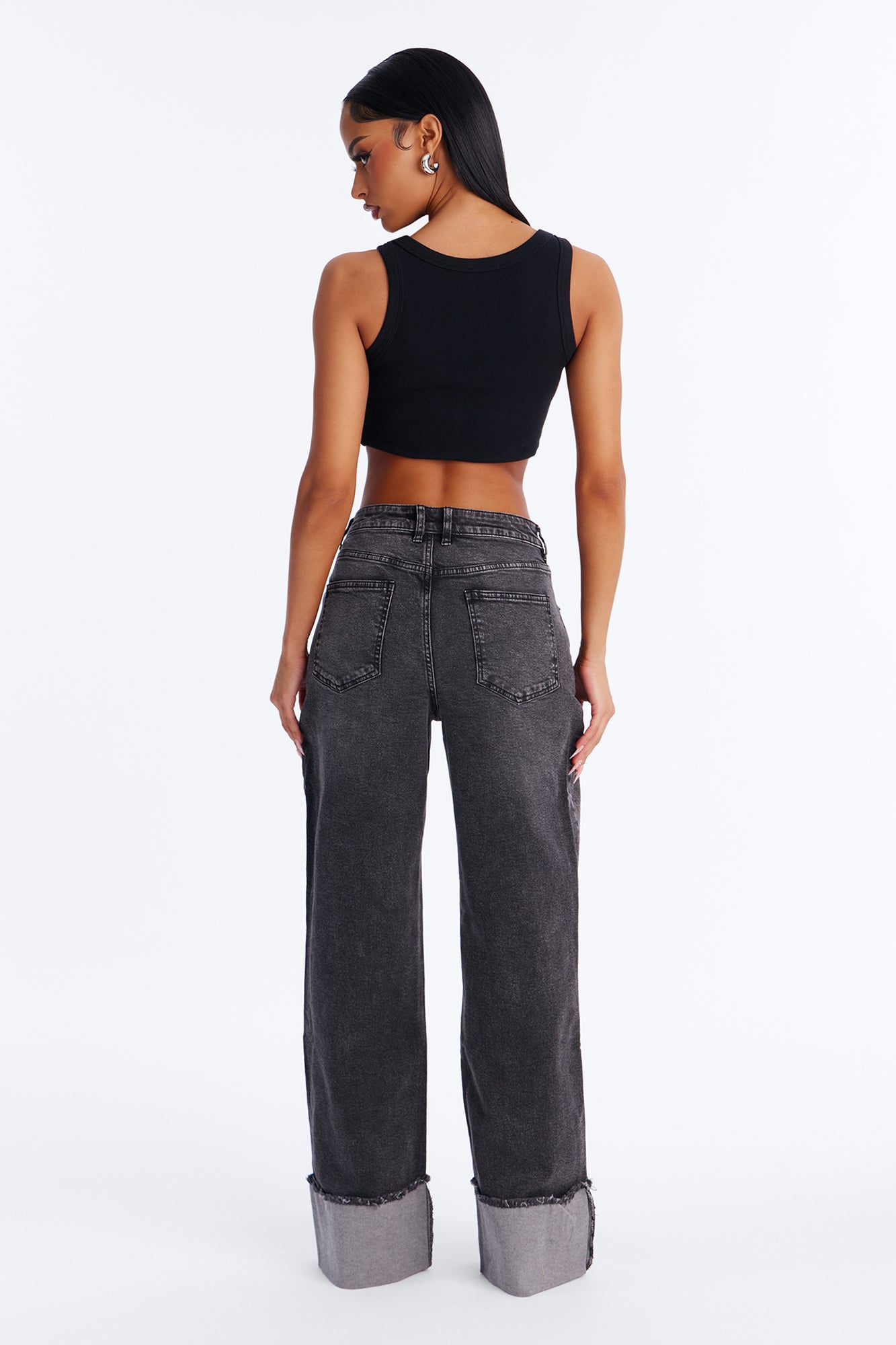 All The While Cuffed Wide Leg Jeans - Black Wash