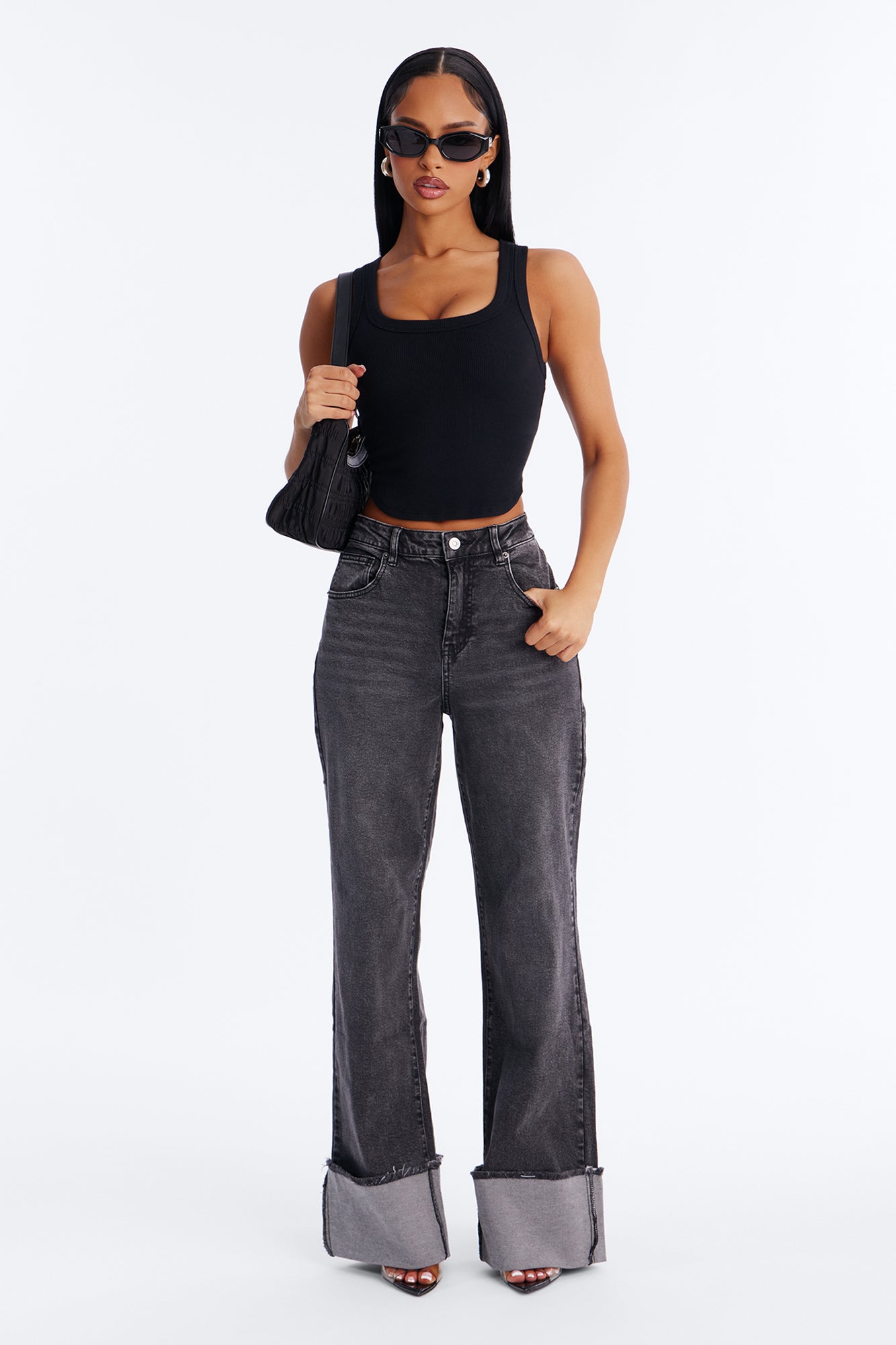 All The While Cuffed Wide Leg Jeans - Black Wash