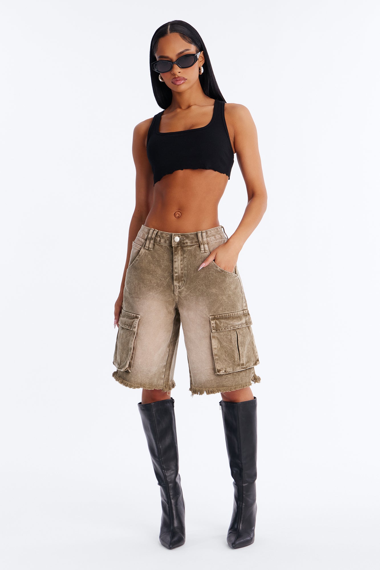 Live And Learn Cargo Denim Jorts - Olive