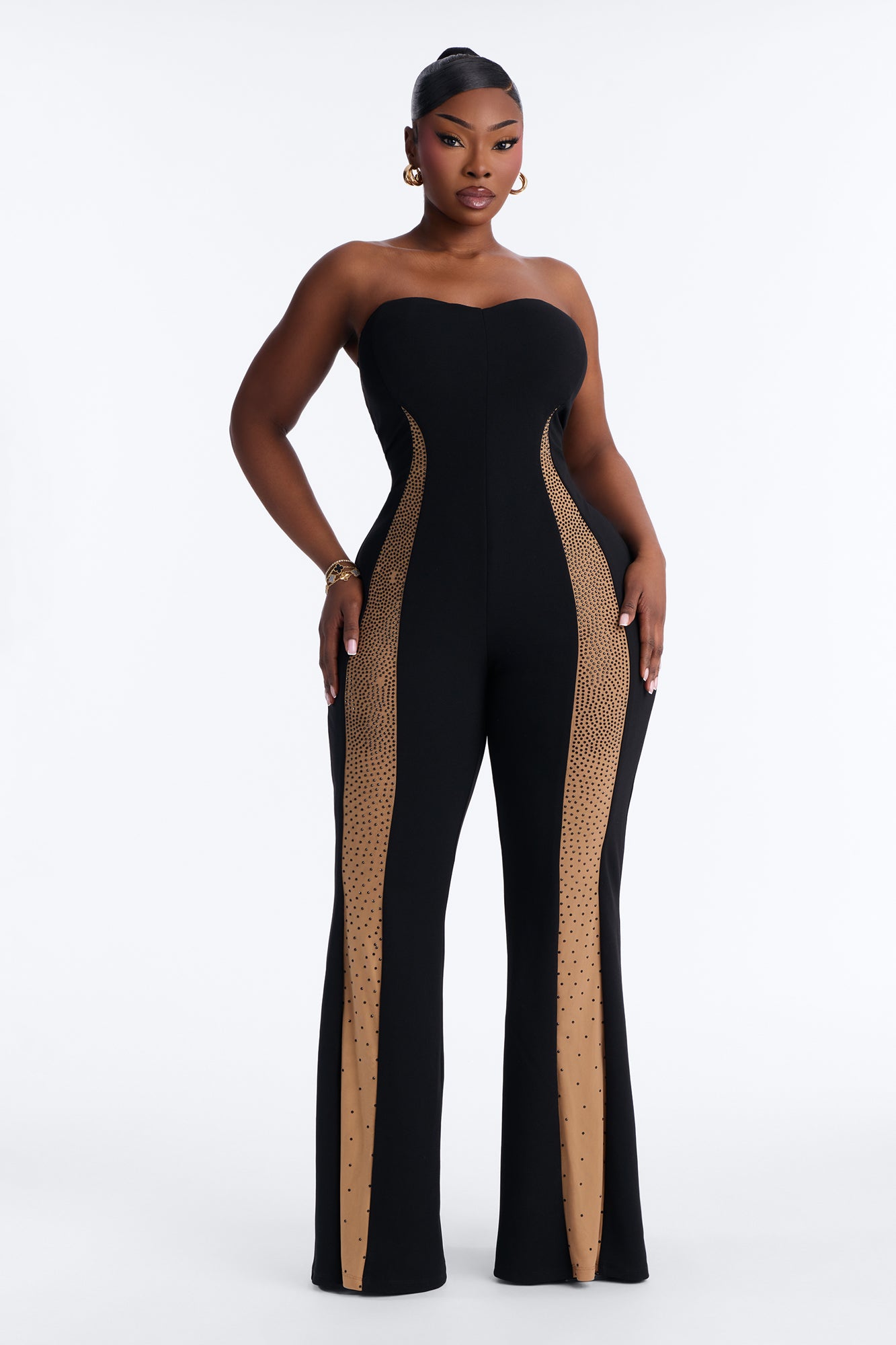 Sleek Silhouette Rhinestone Flare Jumpsuit - Black