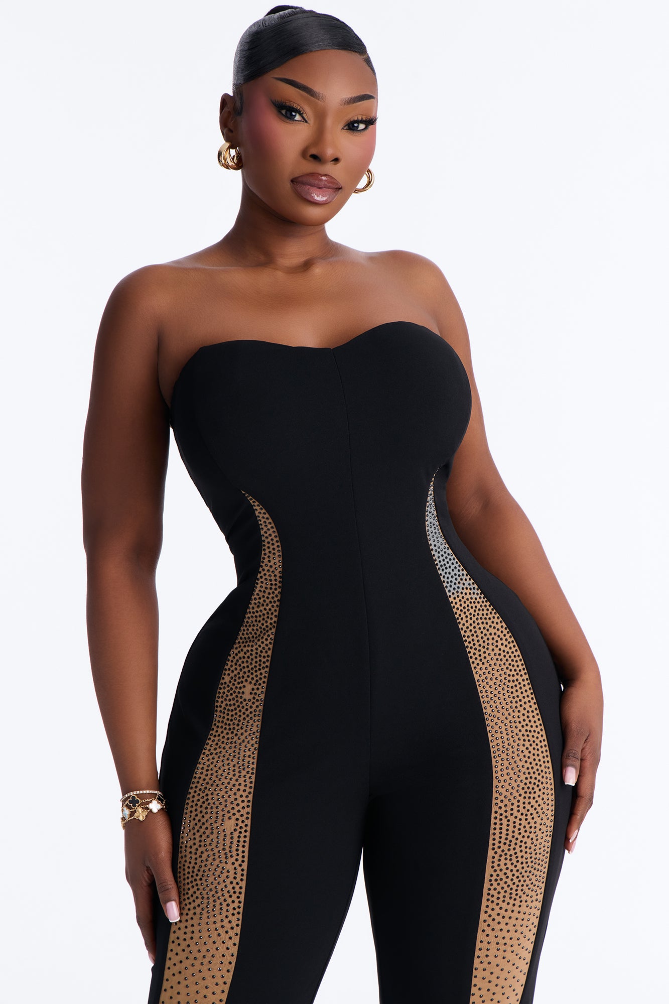 Sleek Silhouette Rhinestone Flare Jumpsuit - Black
