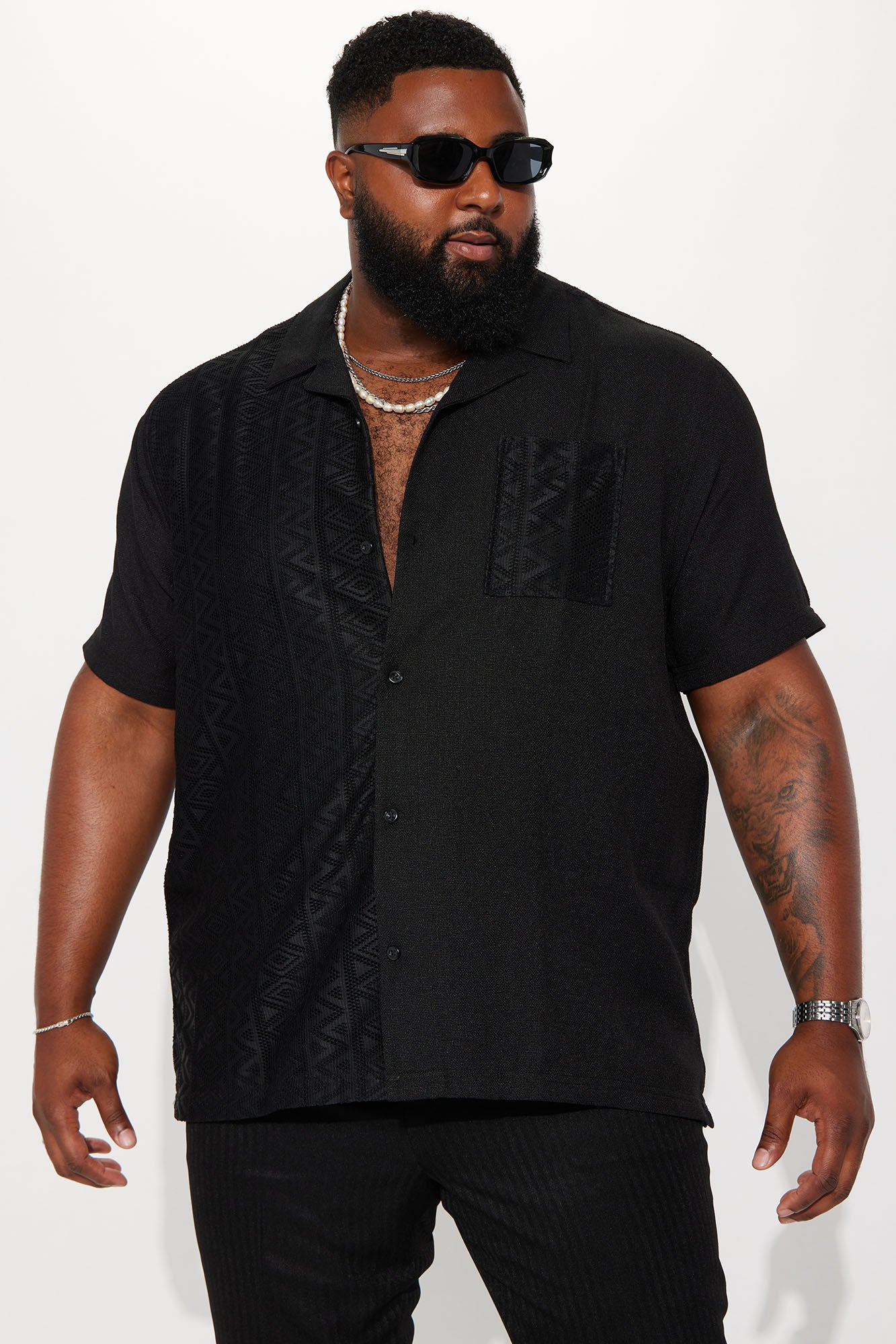 Half Crochet Pattern Short Sleeve Button Up Shirt - Black
