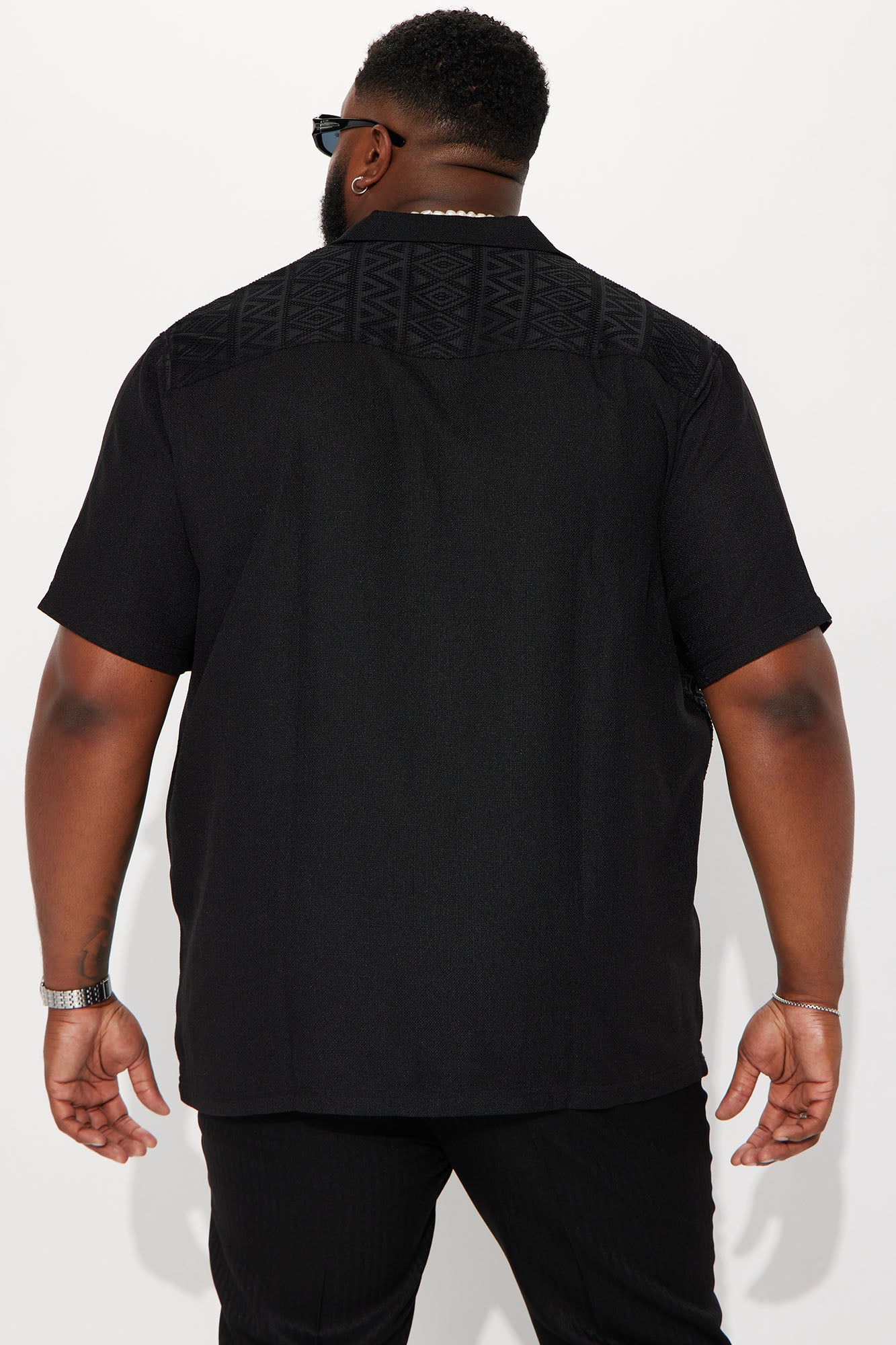 Half Crochet Pattern Short Sleeve Button Up Shirt - Black