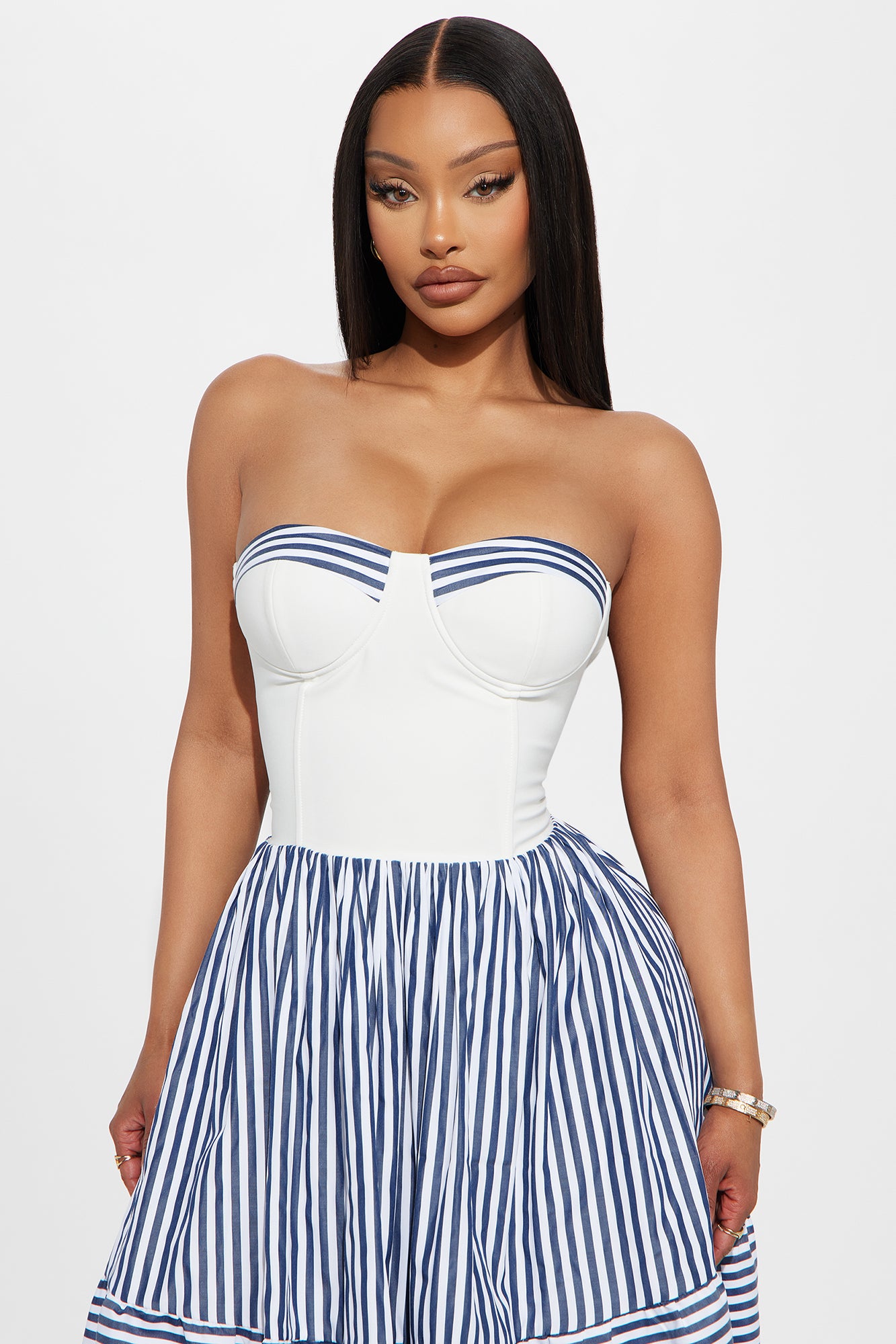 Stay A While Pinstripe Midi Dress - Navy/combo