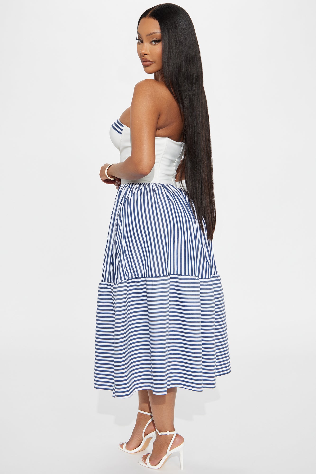 Stay A While Pinstripe Midi Dress - Navy/combo