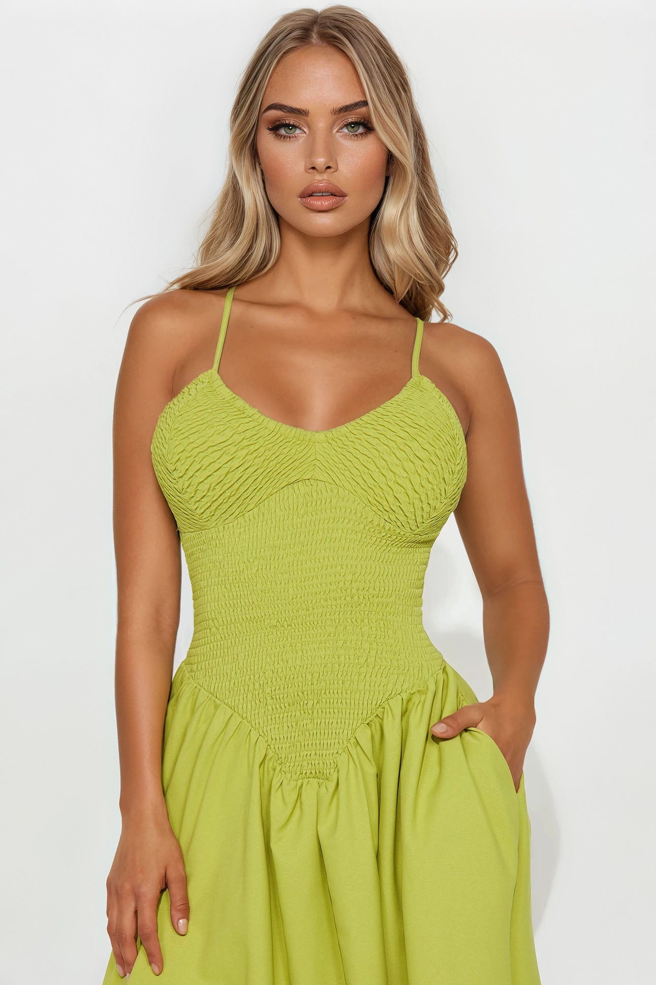 Lily Smocked Drop Waist Maxi Dress - Green