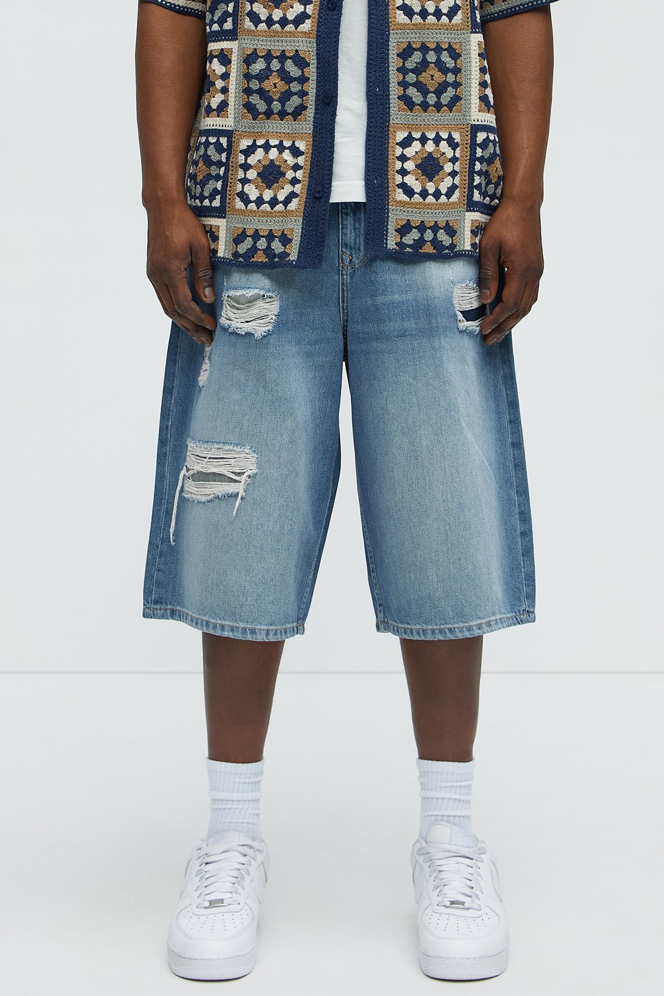 Say It Distressed Baggy Denim Shorts - Medium Blue Wash