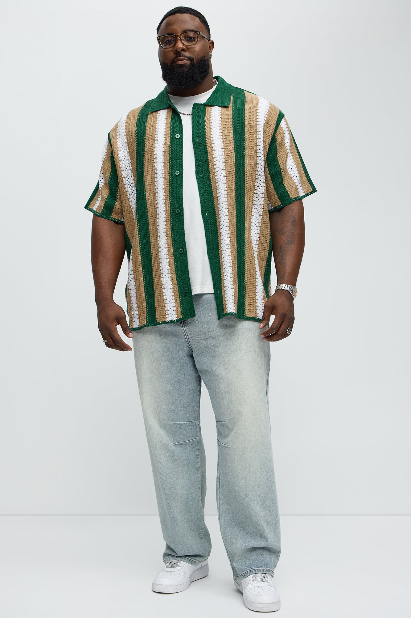 Brock Striped Crochet Collar Button Down Shirt - Green/combo